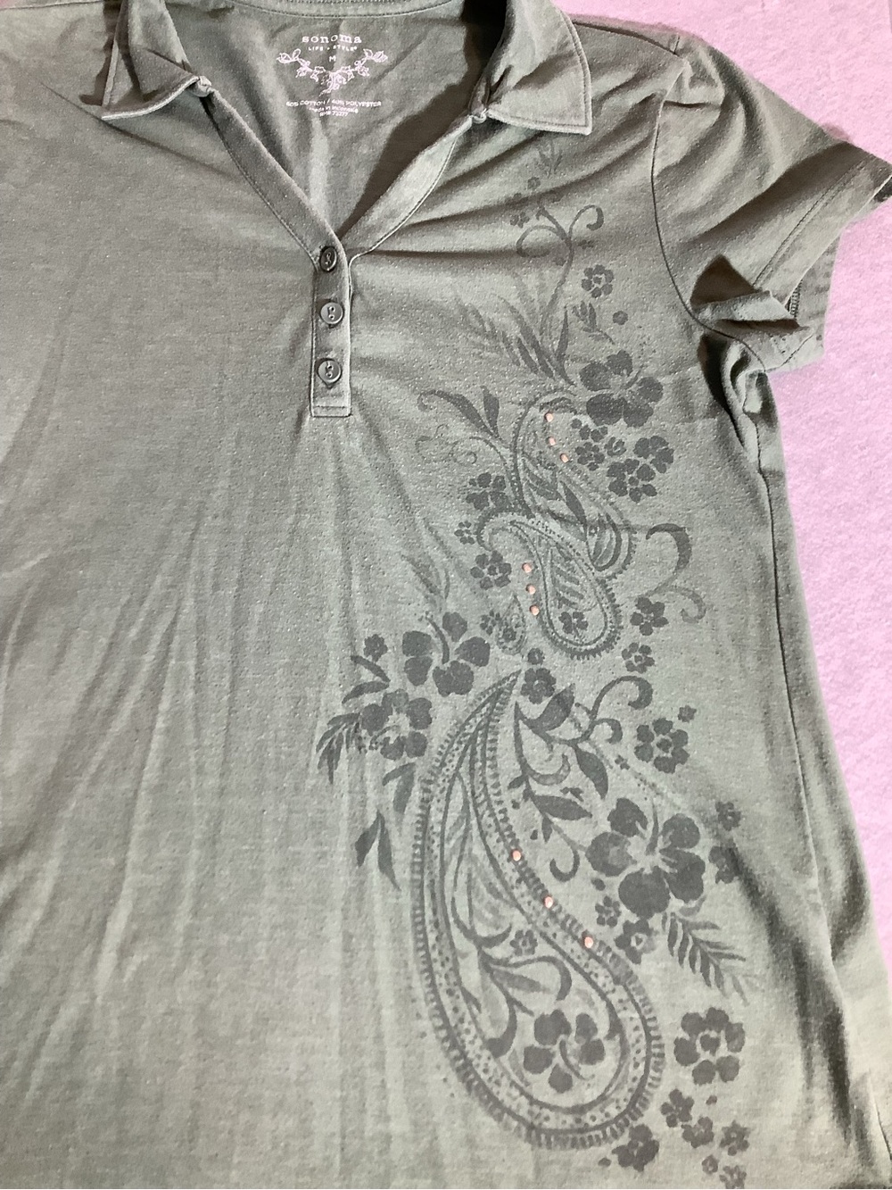 Y2K Green Polo Top with Floral Print Ladies Medium - Picture 2 of 4